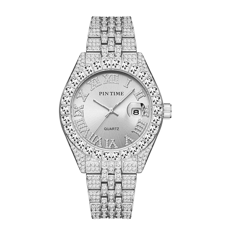 

PINTIME Luxury Men's Crystal Watch Fashion Bling Diamond Iced Out Watches For Man Stainless Steel Strap Analog Quartz Wristwatch