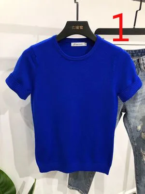 

Summer knitted T-shirt youth sweater half-sleeved round neck tight striped ice silk short-sleeved top