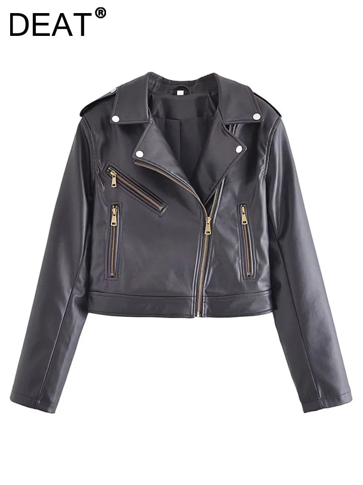 

[DEAT] PU Leather Jacket For Women Streetwear Tide Pockets Zipper Short Coats 2023 New Lapel Long Sleeve Coat Spring 13DA3735