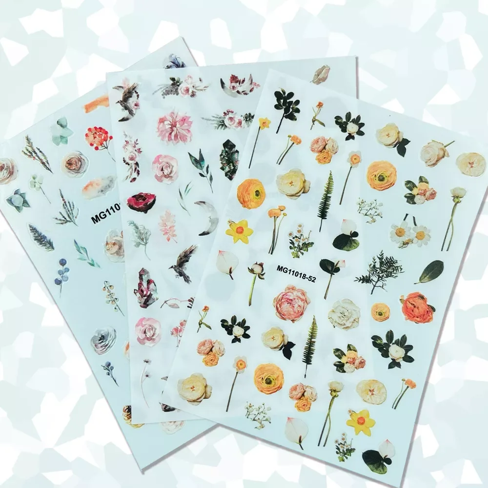 

1PCS Ink Dried Flower Nail Art Sticker Rose/Bird Design Nails Decal Decorations 3D Adhesive Manicure Floral Slider Decals#8*10cm