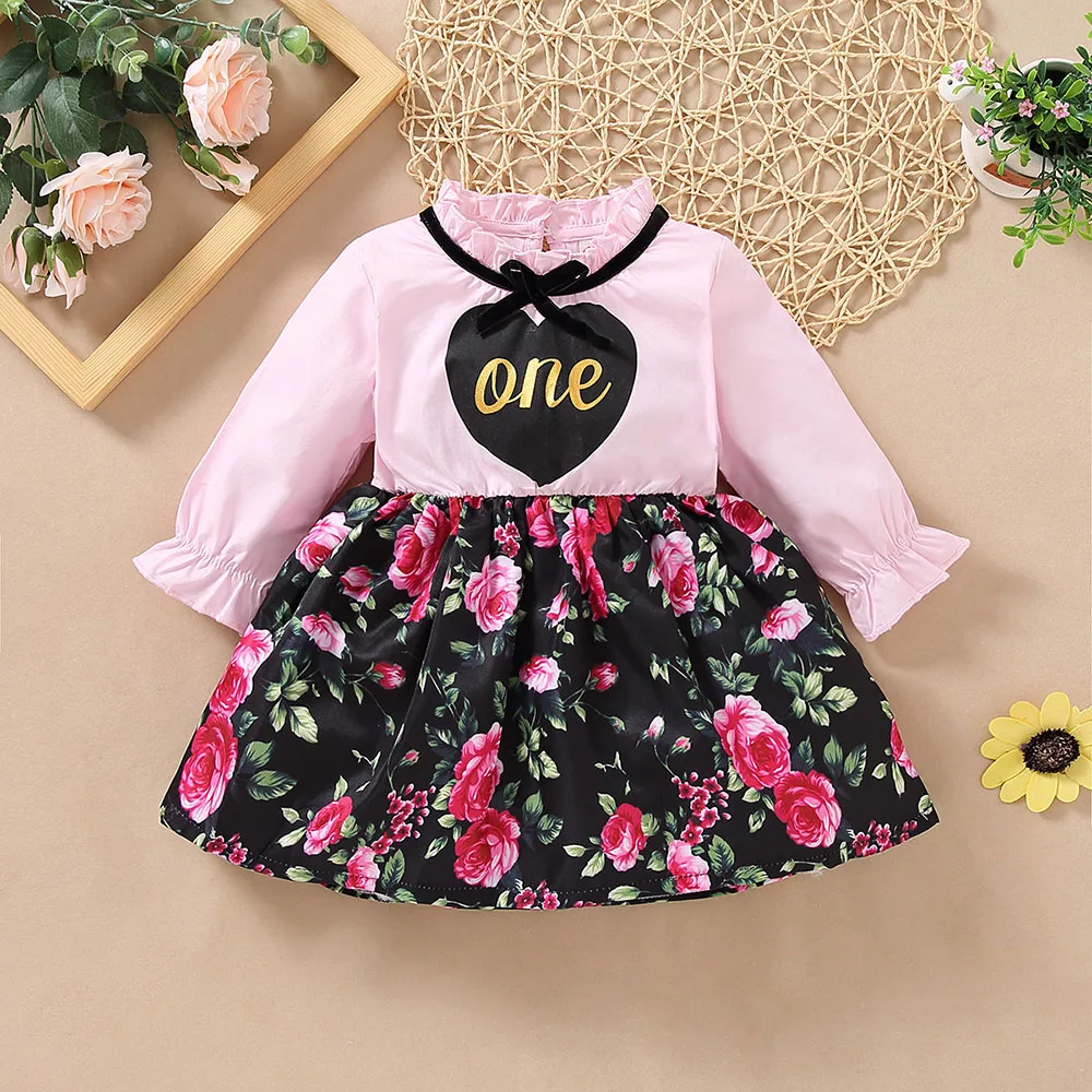 New Baby Dress in Autumn and Winter of 2022, Heart Shape + Letter + Flower,Broken Flower Skirt,Suitable for 0-12 Months Old Girl