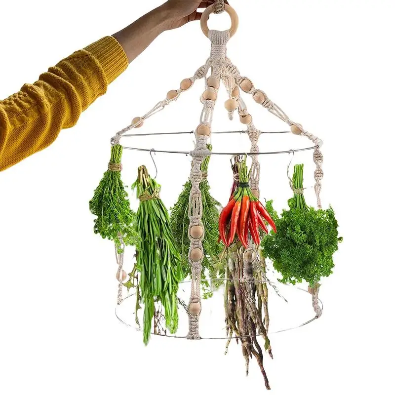 

Herb Drying Rack Macrame Flower Drying Rack With 15 Hooks Boho Handcrafted Cotton Rope Chic Woven Herbal Drier With Wooden