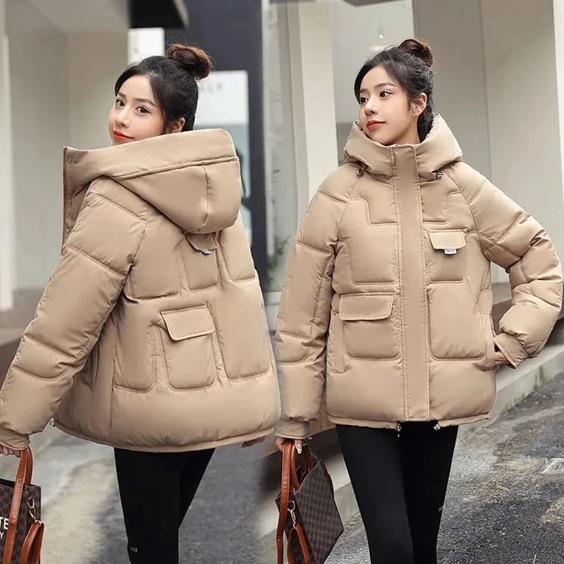 2023 Winter New Women Down Padded Jacket Winter Parka Loose Thick Warm Cotton Coat Female Hooded Parkas Coat Short Soild Outwear