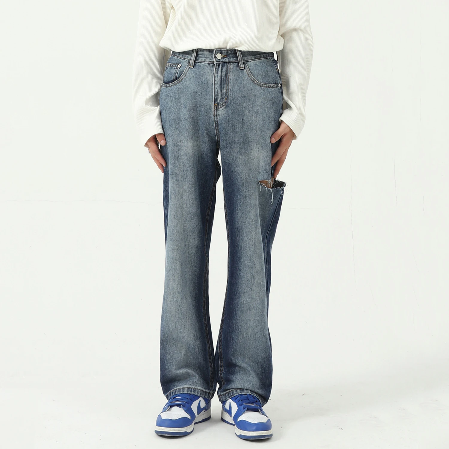 Four Seasons Men's Denim Trousers Tie Dye Gradient Side Hole Streetwear Men's Clothing Men Loose Jeans Y2k Clothes Ins Hot Sale