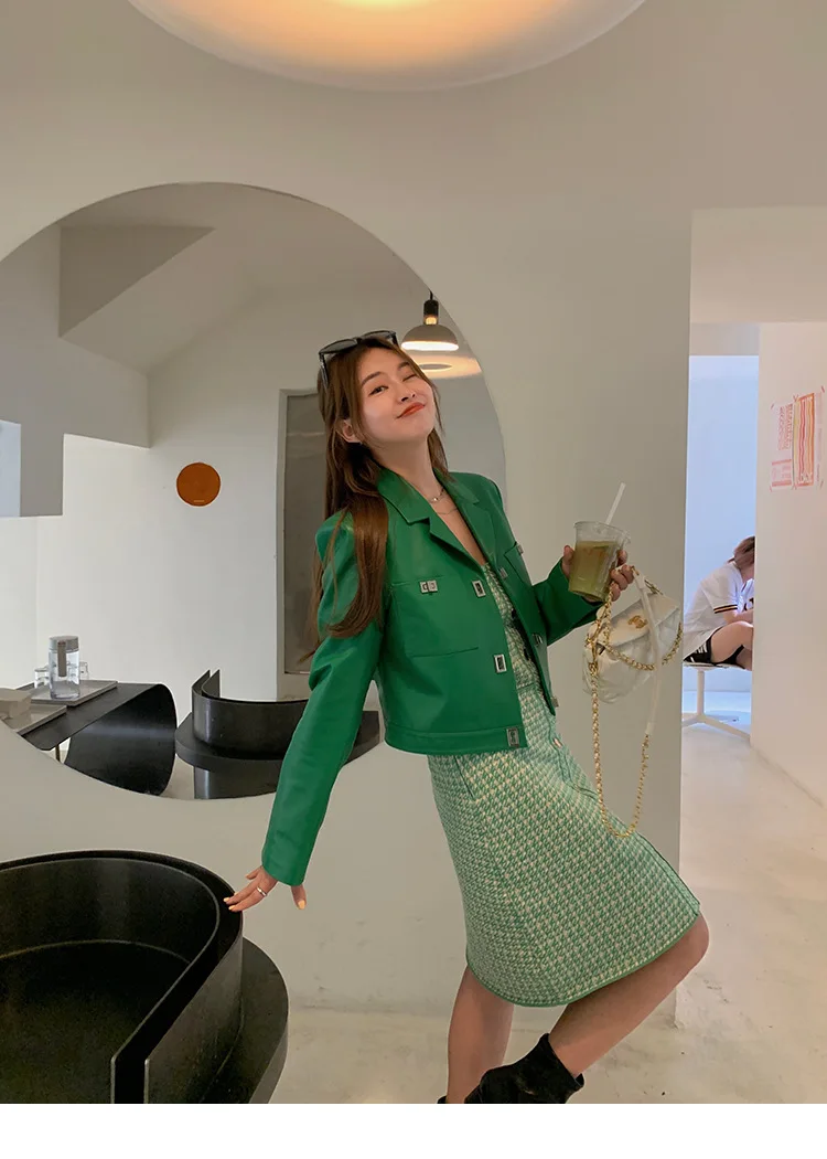 2022 Women New Lapel Casual Metal Locks Genuine Leather Sheepskin Jacket E16