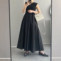 new fashion women dress non sleeve solid color pleated patchwork round neck slim pullover minimalism summer ladies leisure dress