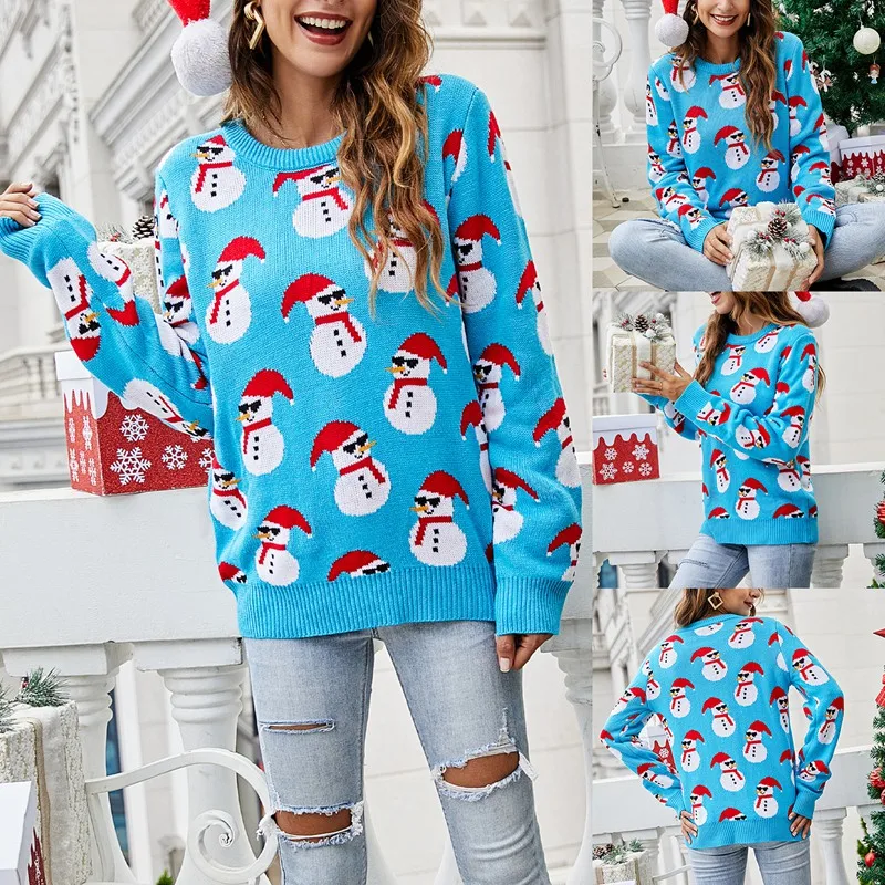 

Christmas Sweater Slim Santa Elf Funny Christmas Jumper Female Autumn Winter Tops Clothing Soft Blue
