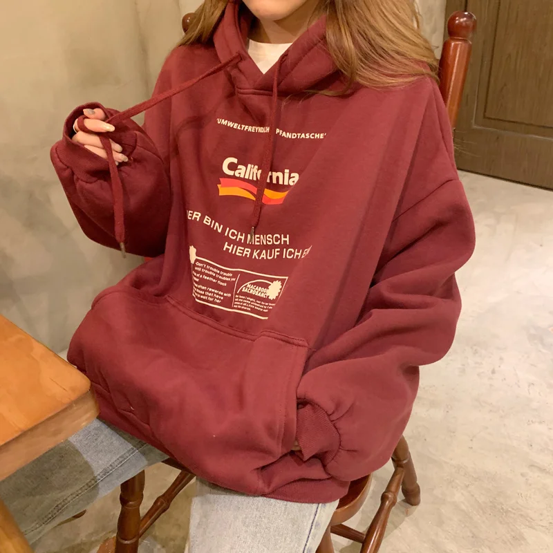 

Women Pullover Plus Velvet Warm Hooded School Big Pocket Harajuku Sweatshirt Letter Print BF Style Loose Casual Hoodies Ulzzang