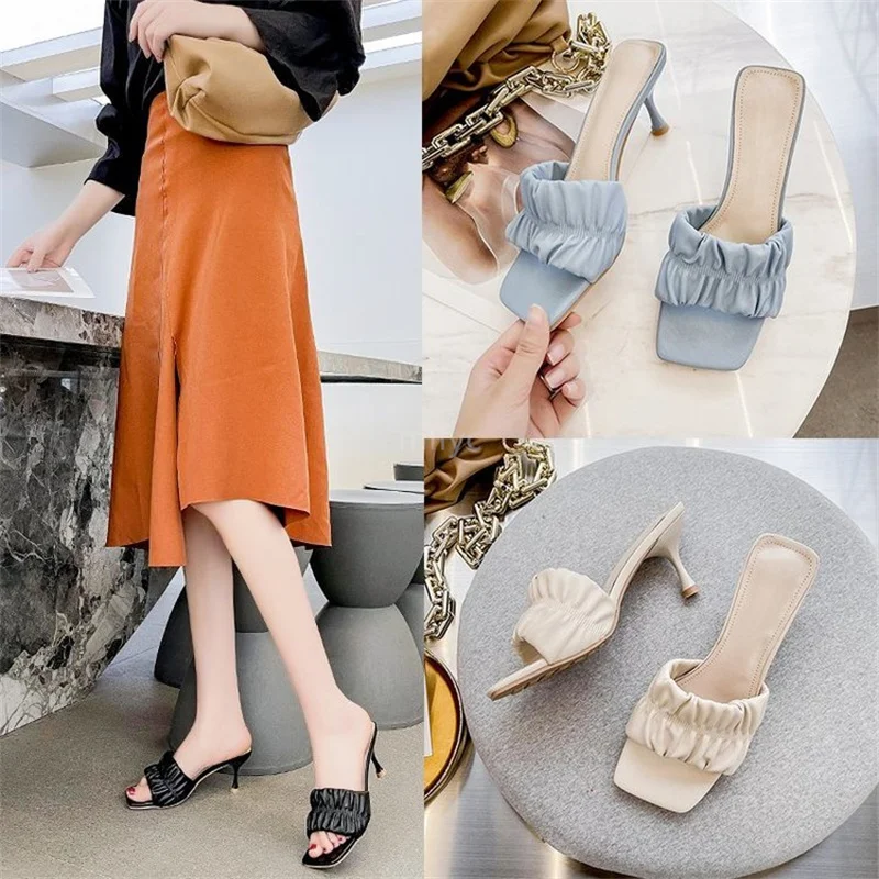 

Slippers women 2021 new summer wear high-heeled square-toe fold sandals and slippers Korean style temperament stiletto shoes