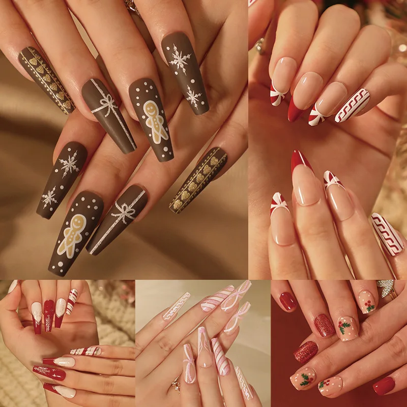

24Pcs Christmas Exclusive False Nails Wearable Long Xmas Style Fake Nails Gingerbread Man Design Full Cover Press on Nail Tips