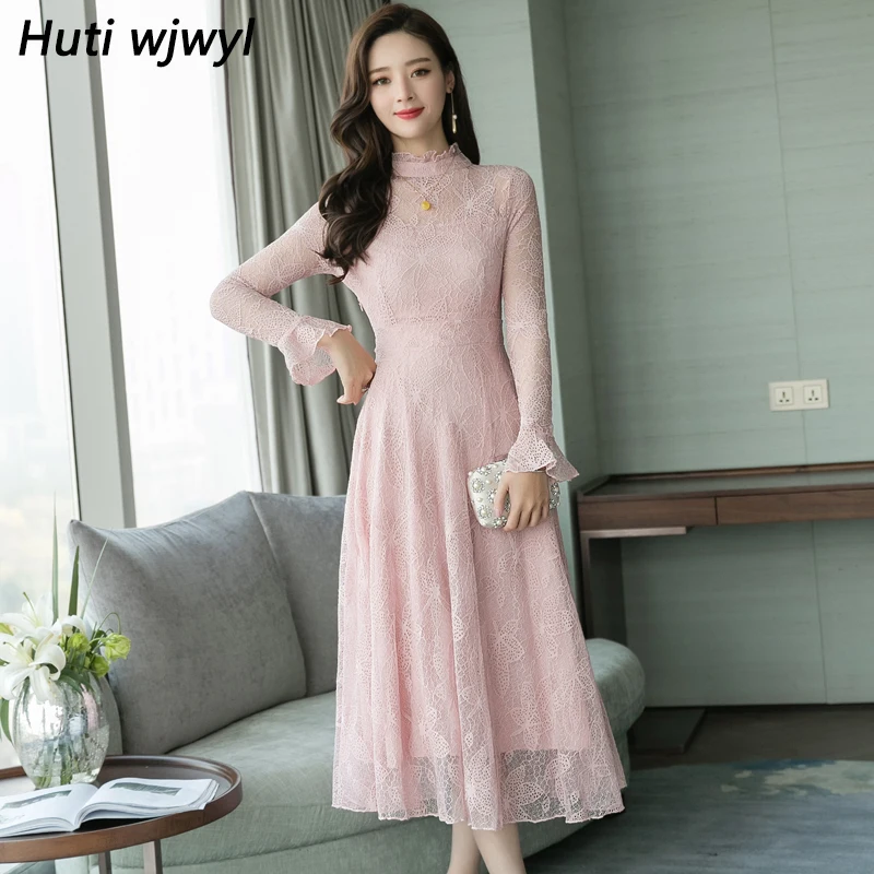 

2023 Korean Women Elegant Bodycon Pink Dress Party Casual Runway Vestidos Autumn Winter New Vintage Black Sexy Lace Midi Dresses