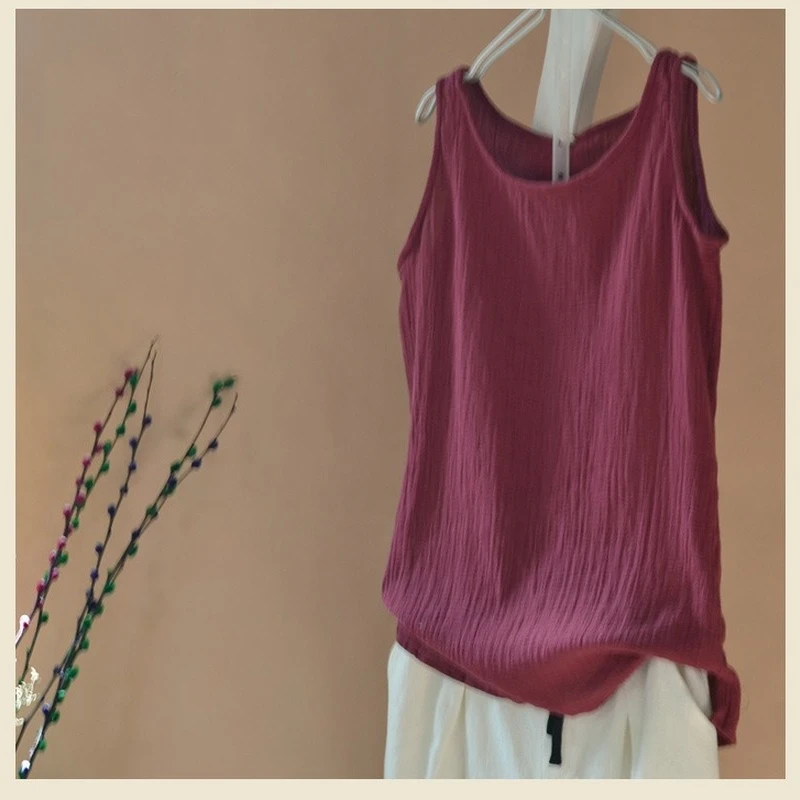 Топ женский летний из хлопка и льна с круглым вырезом |