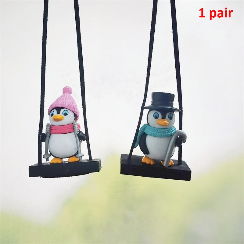 

2pcs Swing Sled Penguin Car Pendant Gentleman Penguin Auto Rearview Mirror Decor