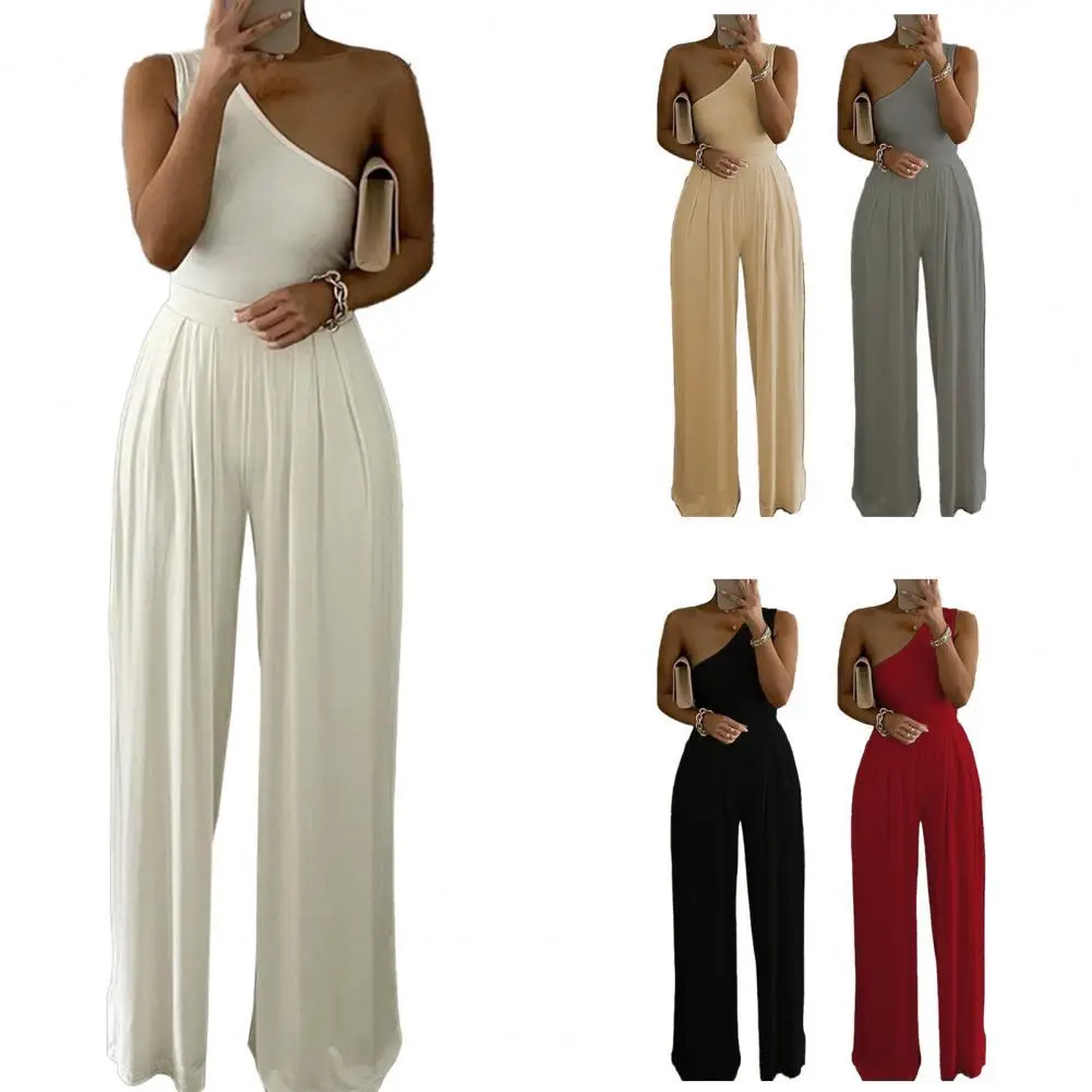 

Jumpsuit Romper Wide Leg Overalls Summer Jumpsuits Women Jumpsuits Casual Women Overall Solid Color Oblique Shoulder Female Ladi