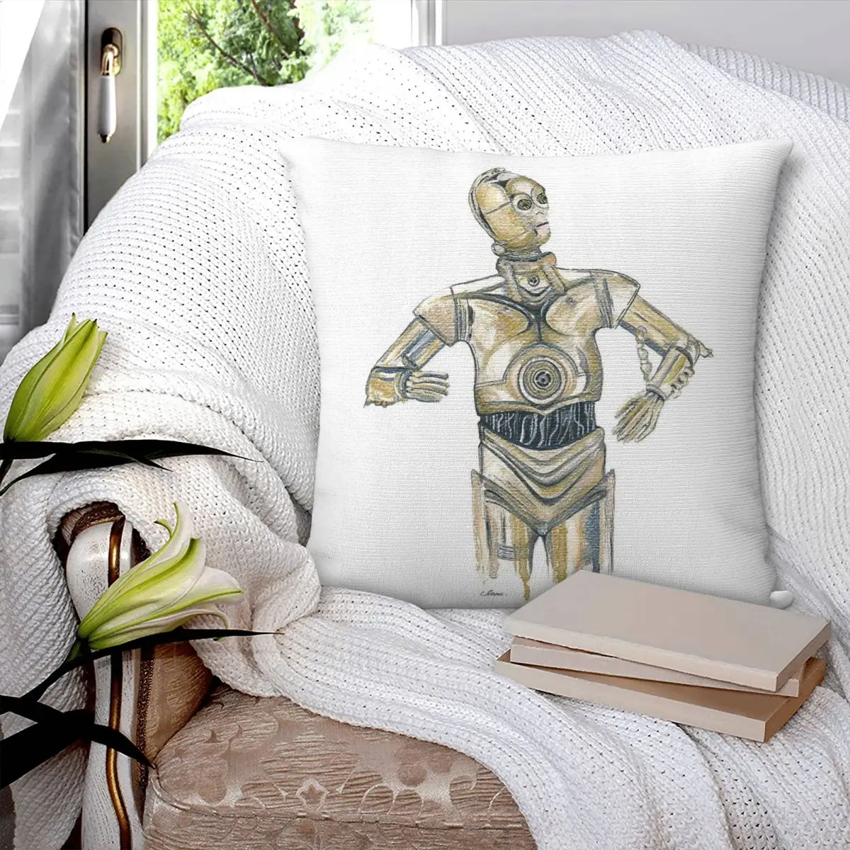 Фото Наволочка C3PO Watercolor Nostalgic Droid квадратная, из полиэстера, льна и бархата, с узором, на молнии, для дивана/кресла №3