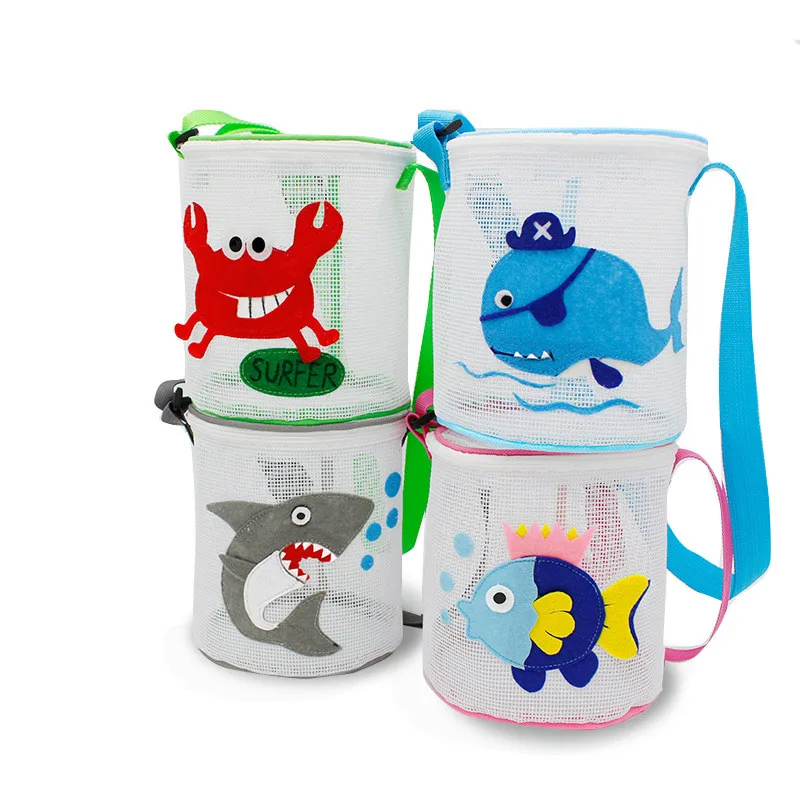 Mesh Beach Bag for Kids Toy Organizer Net Zipper Adjustable Shoulder Strap Storage Pouch Child Shell Collecting Bag Round Bucket