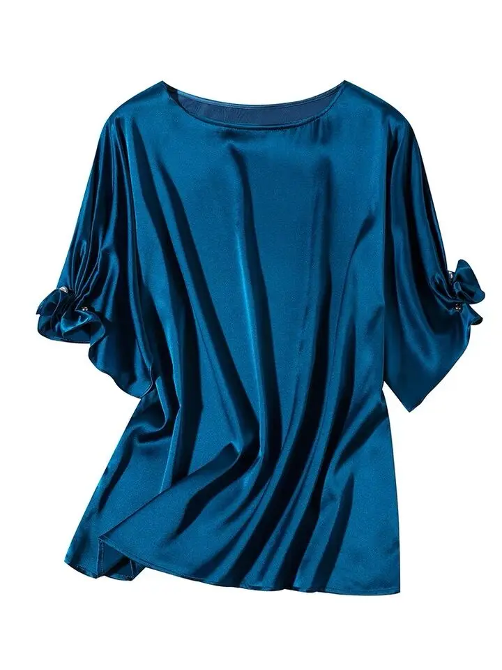 Европейская мода роскошная атласная рубашка с короткими рукавами из ацетата