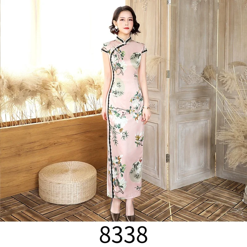 

Женское традиционное китайское платье-Ципао, розовое длинное платье с цветочным принтом, пикантный костюм с разрезом, платье для банкета