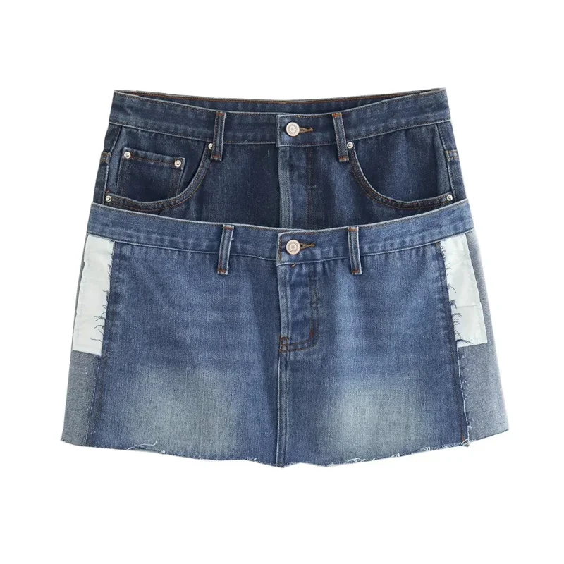 

TRAF 2023 High-waist Denim Mini Skirts Fashion Double Waistband Frayed Hem Skirt New Summer Front Zip Button Closure Skirt