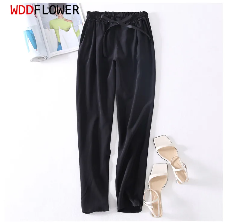 Women's 100% Pure Silk Belted Waist Long Pants Trousers with pockets Black Color M0609