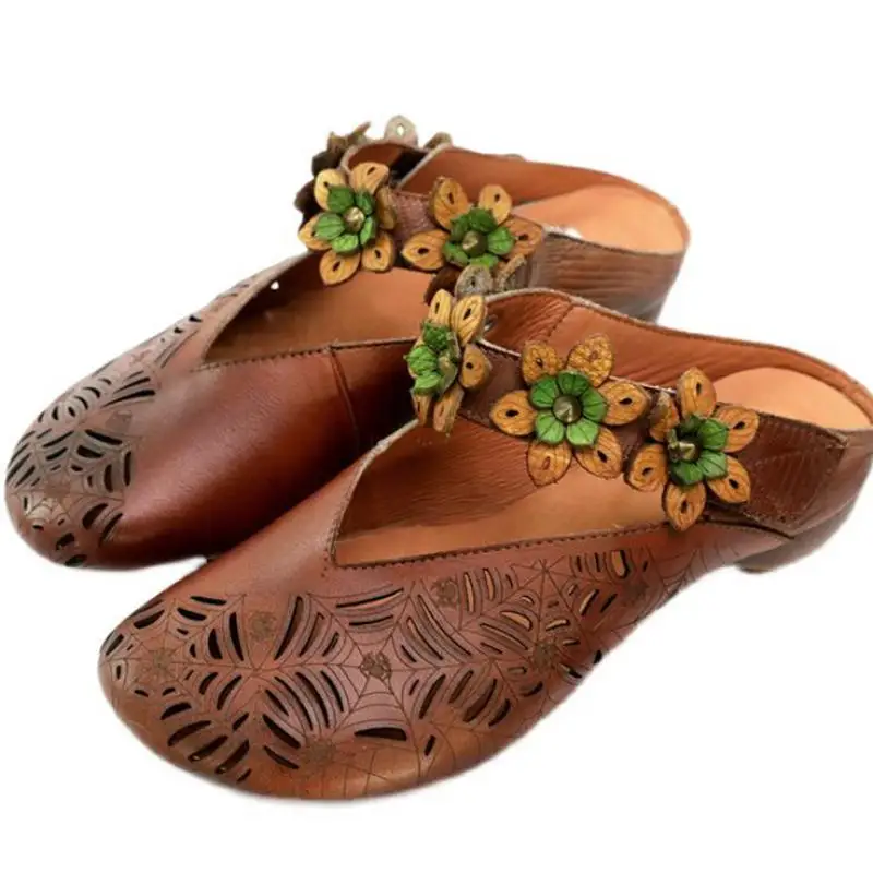 

Genuine Leather Mules Shoes Women Retro Summer Flower Hollow Leather Slippers Women Shoes Embroidery Handmade Brand
