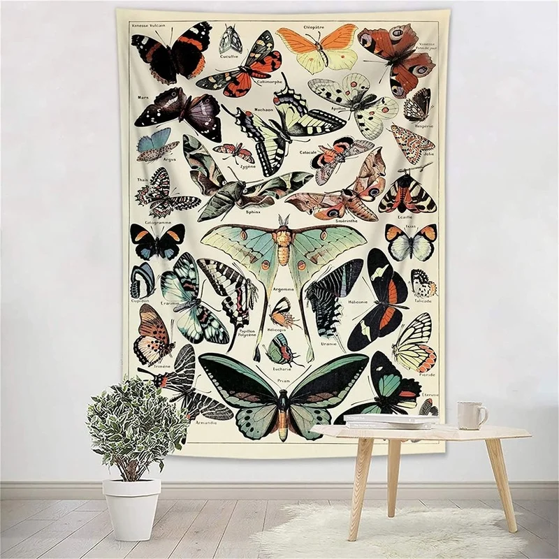 

Retro Butterfly Tapestry Colorful Various Butterflies Vintage Beige Tapestry Wall Hanging Blanket Rustic Farmhouse Tapestries