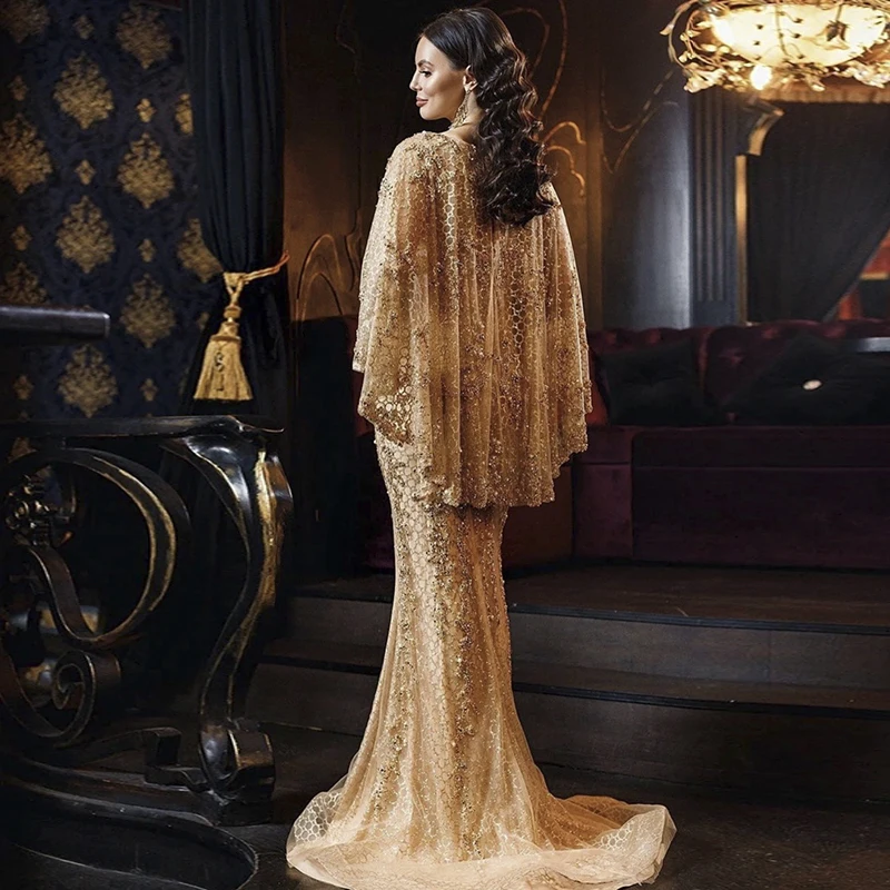 

Luxury i Gold Mermaid Evening Dresses with Cape Shawl Arabic Formal Prom Dress for Women Wedding Party