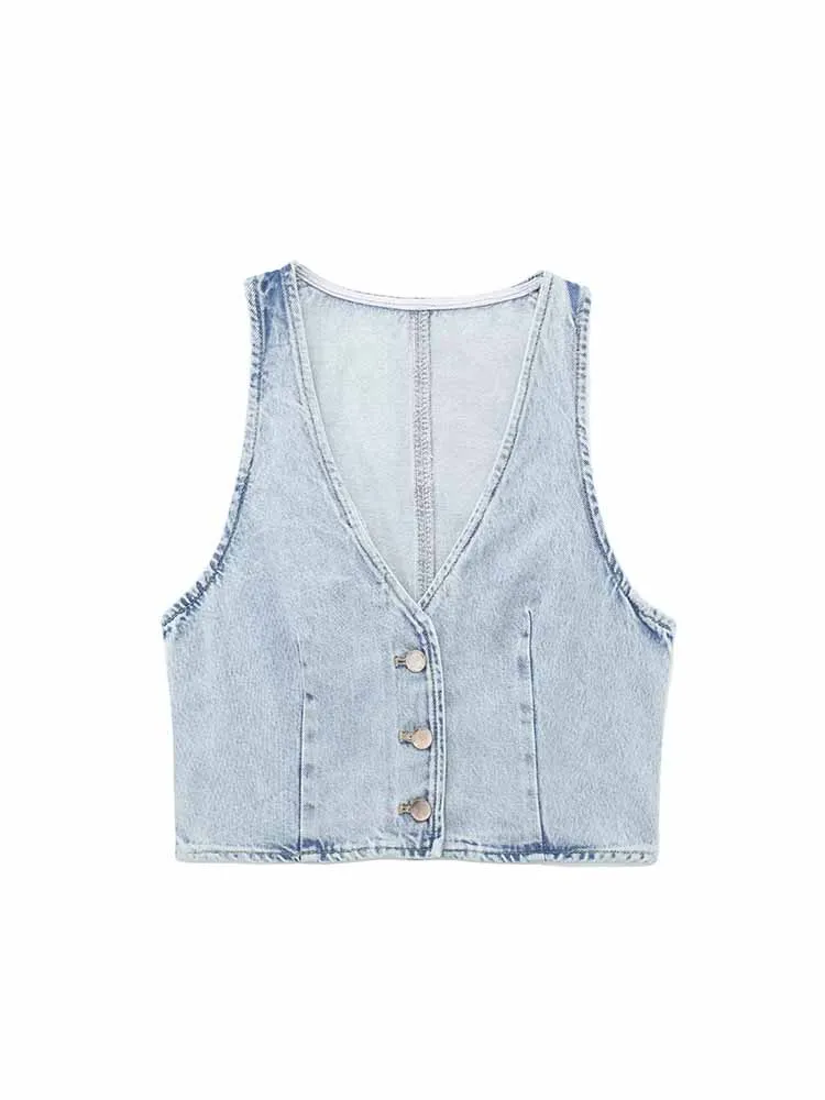 

BSK&ZA&TRF Women 2023 New Fashion Cropped denim V Neck Vest Vintage Sleeveless Button-up Female Waistcoat Chic Tops 1889/163