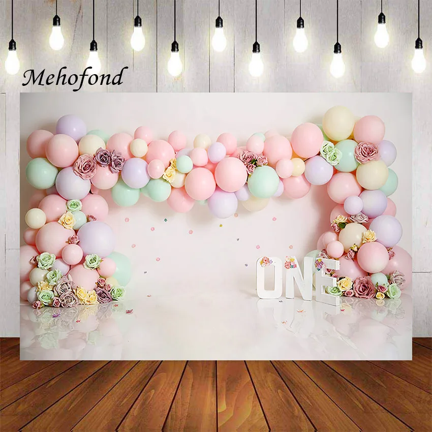 

Mehofond Photography Background Pink Balloon Colorful Flowers Girl 1st Birthday Cake Smash Portrait Decor Backdrop Photo Studio