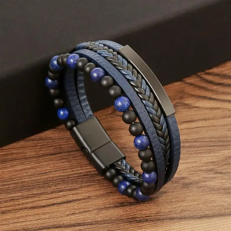 

Jiayiqi Leather Bracelet with Insert Men Classic Fashion Tiger Eye Beaded Multi Layer Leather Bracelet For Men Jewelry Gift