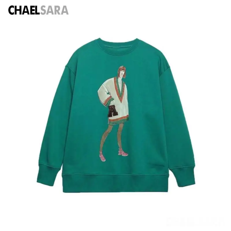 

2023 Autumn Women Fashion Loose Print Sweatshirts Female Vintage O Neck Long Sleeve Tops Pullovers