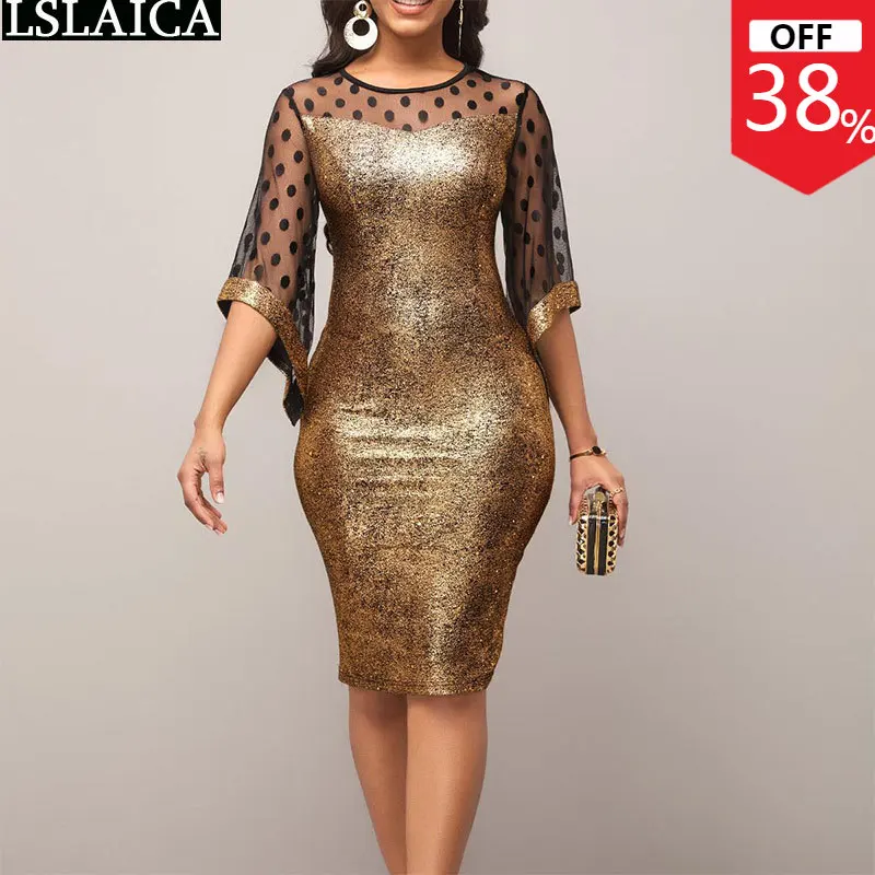 

Новое Элегантное облегающее платье, женское модное Сетчатое лоскутное платье средней длины с коротким рукавом и круглым вырезом, S-3XL летнее...