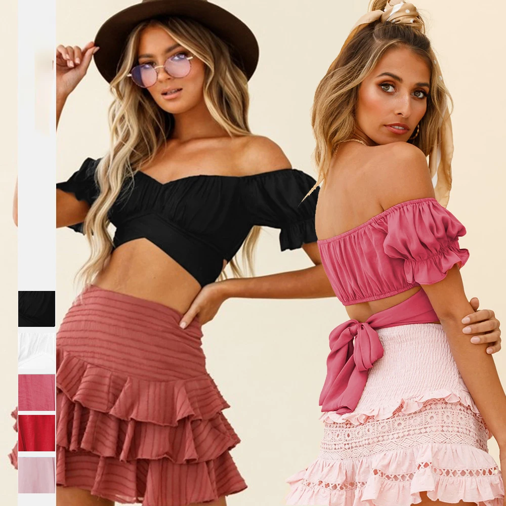 Summer 2022 Women's Fashion Ruffle Short Sleeves Off-Shoulder Lace-up Backless Short Tops Solid Color Ultra Short Sexy T-Shirts