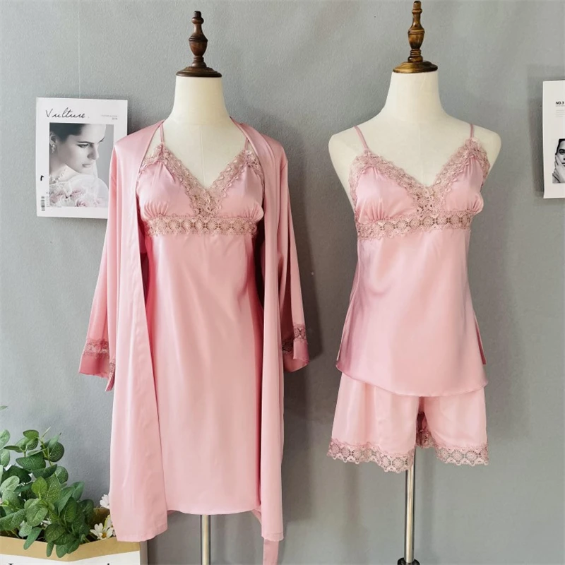 

Spring Summer Home Wear Nightwear Pink Satin Lace 4Pcs Pajamas Sets Womens Strap Top Pants Sleepwear M-XL