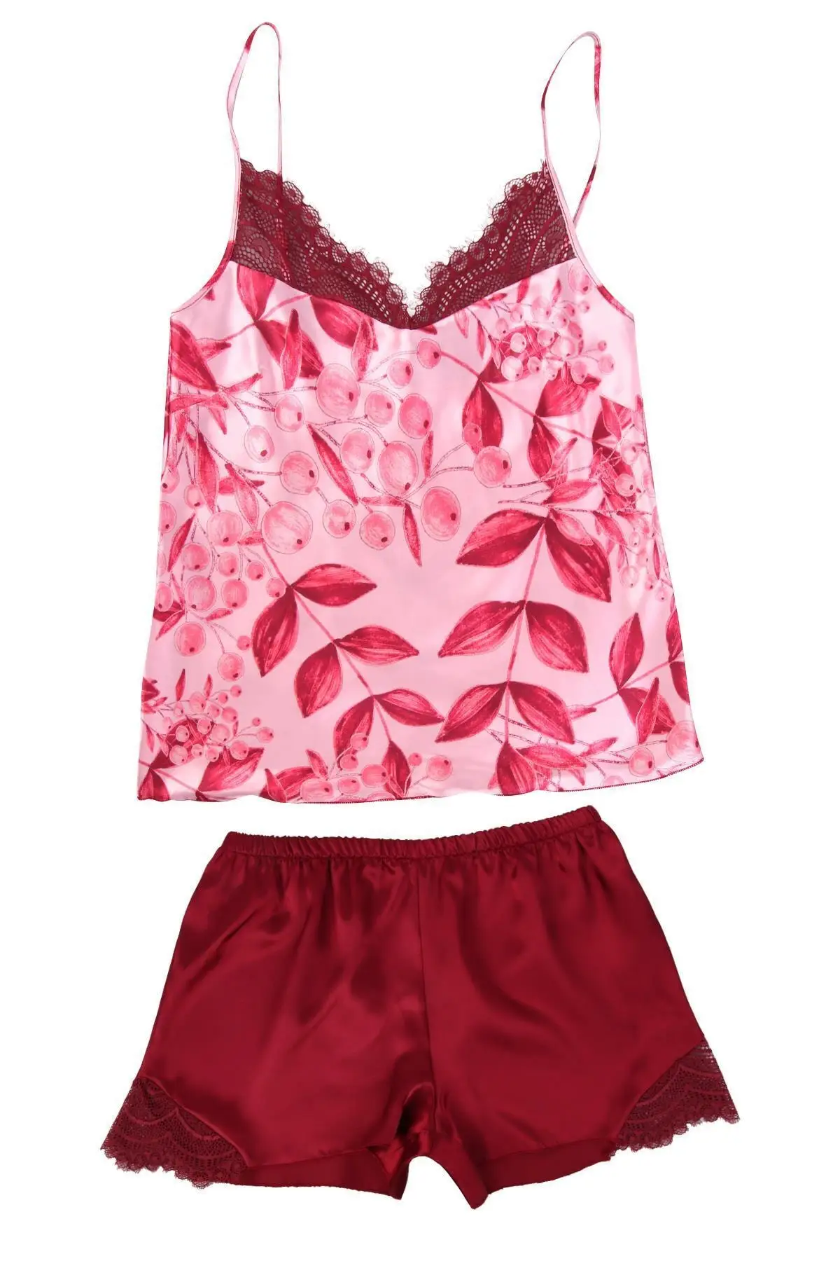 

Женская пижама с цветочным узором и рюшами бордовый красный атласный комплект с веревкой и шортами Ночное Белье для сна и отдыха одежда для ...