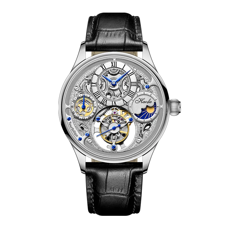 

Haofa Tourbillon Skeleton Watch Men GMT Moonphase Mechanical Watch Luxury Sapphire Waterproof Manual Movement Watch For Men 1035