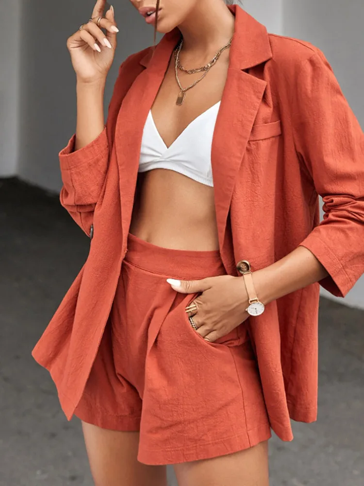 

New Spring Autumn Double Breasted V-Neck Cardigan Blazer Suits Shorts 2PCS Outfit Solid Office Lady Button Straight Matching Set