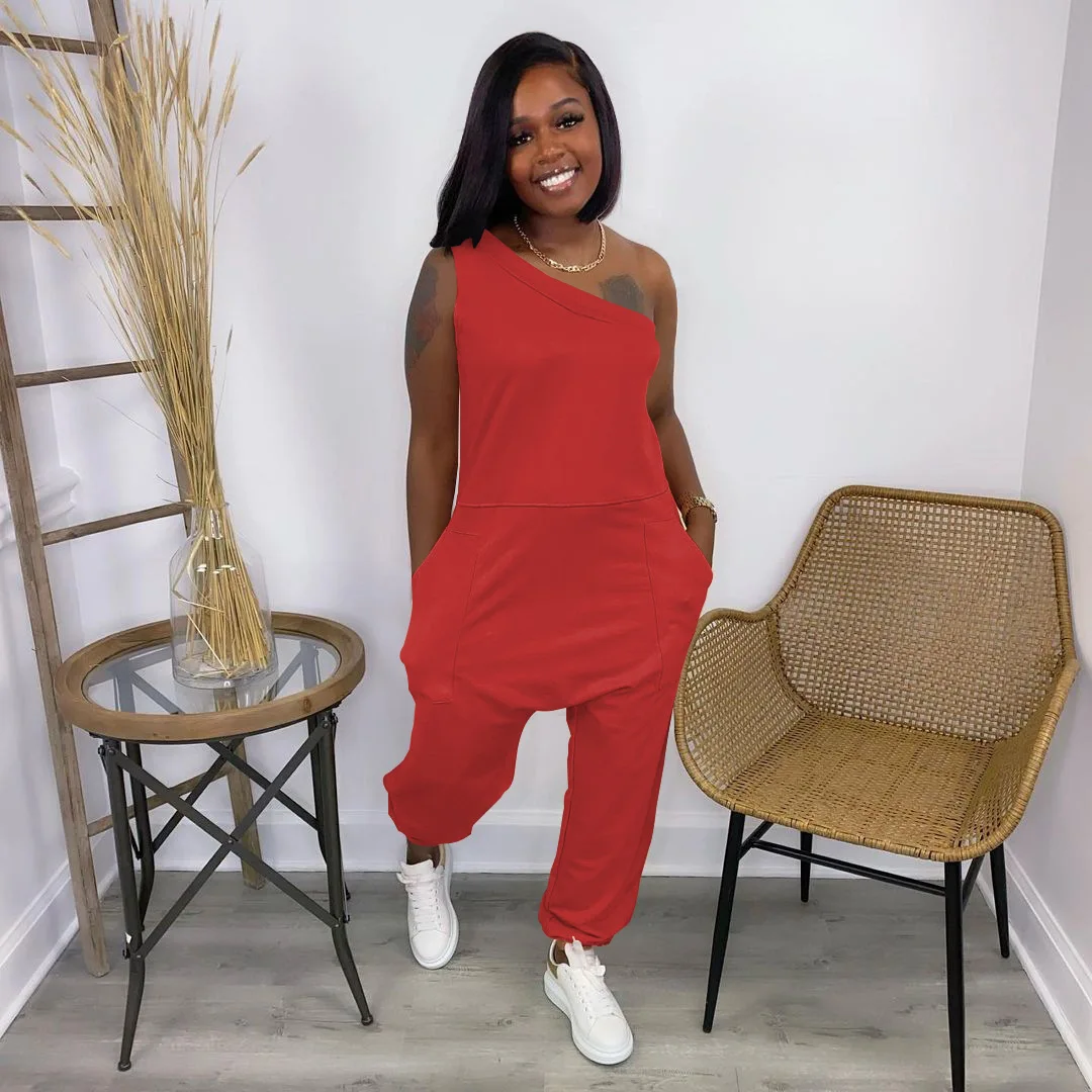 Casual Sleeveless Jumpsuit Womens Sexy One Shoulder Pocket Rompers 2022 Summer Solid Outfits Bodycon Workout Overalls