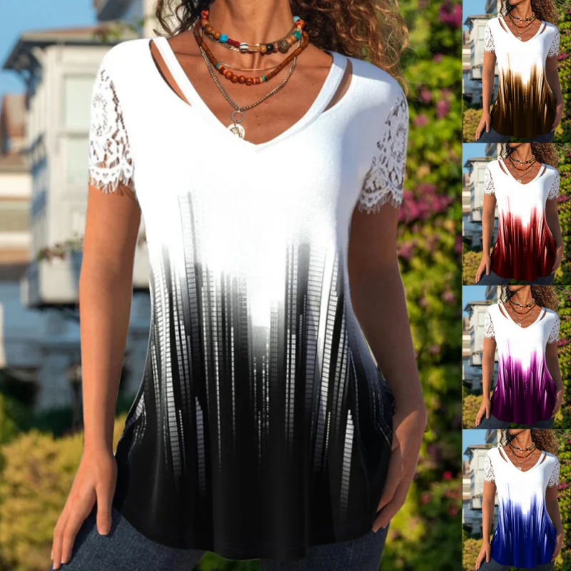 

2023 Summer New Women's Sexy V-Neck Lace Gradient Print Pullover Fashion Oversize Casual Top Loose Short-Sleeved T-Shirt