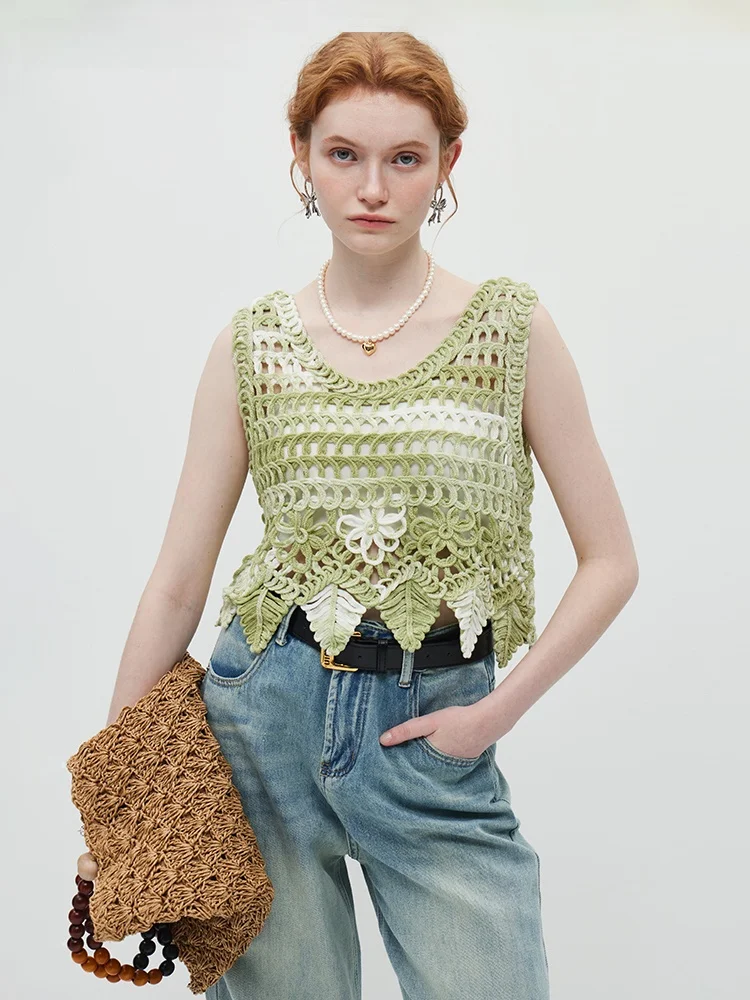 La Chapelle Blooming вязаный полый жилет женская верхняя одежда топ с круглым вырезом