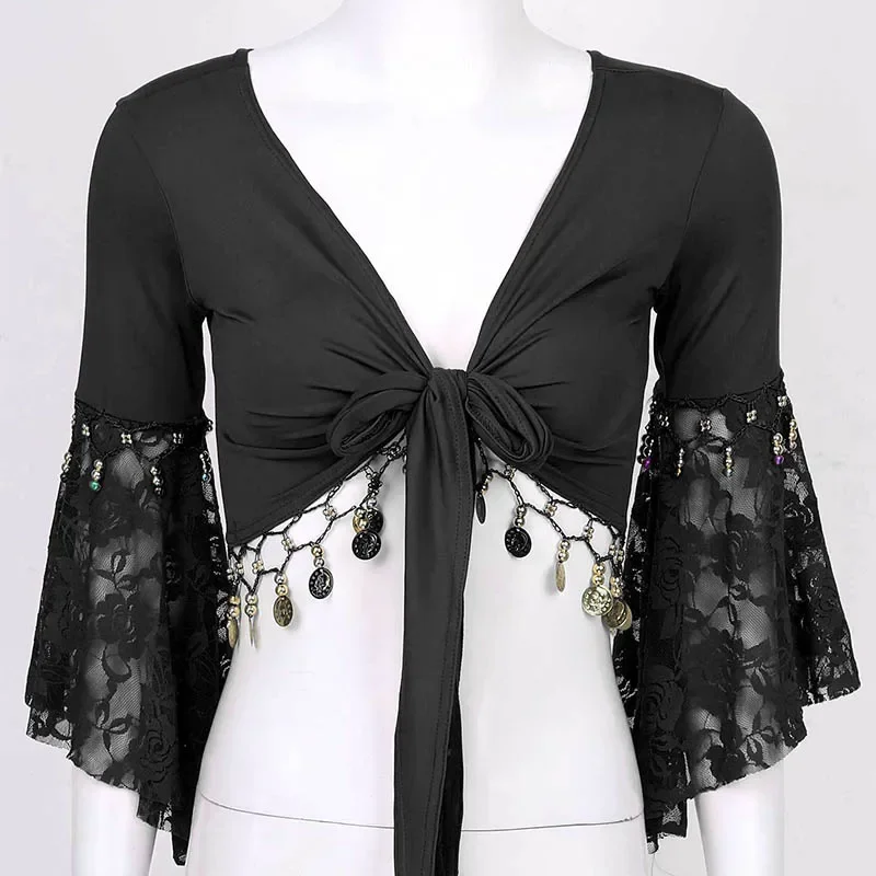 Женский кружевной кардиган TiaoBug в стиле пэчворк с рукавами три четверти бусинами