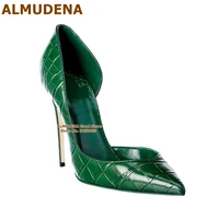 almudena green black crocodile embossed pumps stiletto heels pointed toe shallow dress shoes irregular cut snakeskin footwear