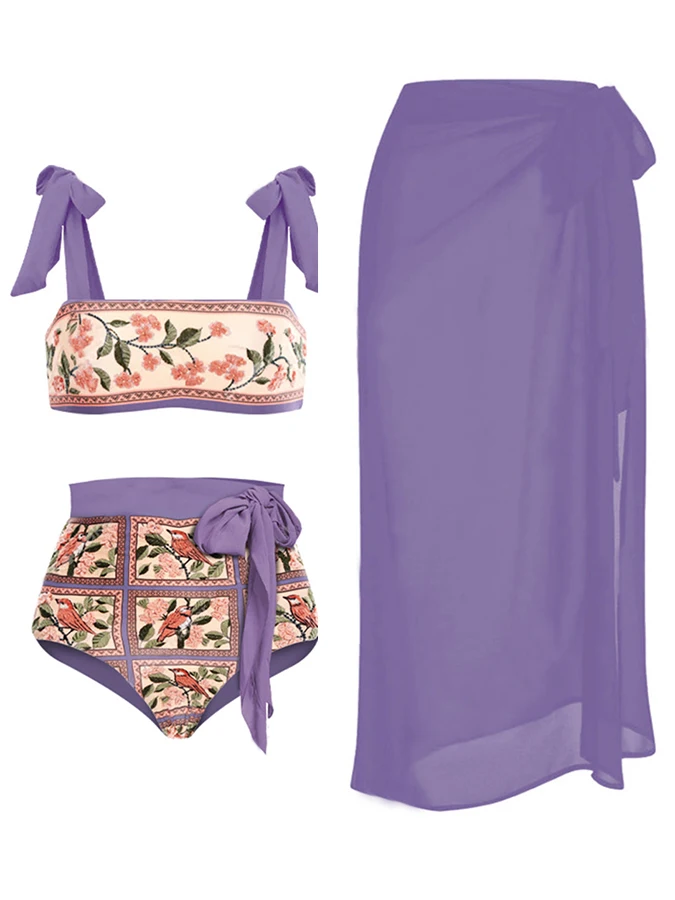 

Floral Printed Ruffled Straps Split Swimsuit, Elegant and Cute Beachwear, High Waisted Slim Bikini, Independent Solid Cover Up