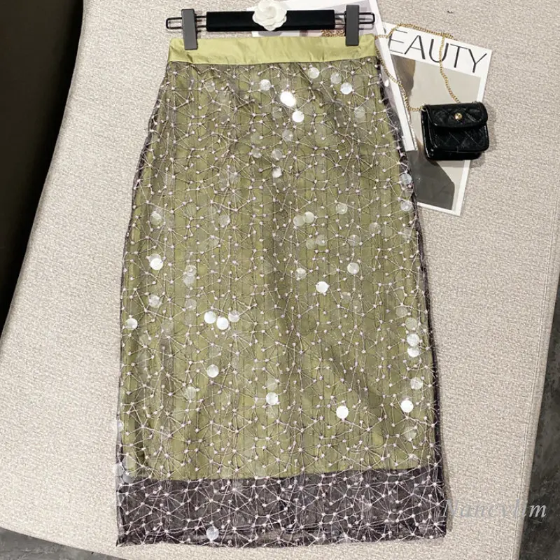 2023 Spring and Summer New Heavy Industry Manual Sequin Gauze Lace Skirt for Women Temperament Back Slit Midi Skirts Femme