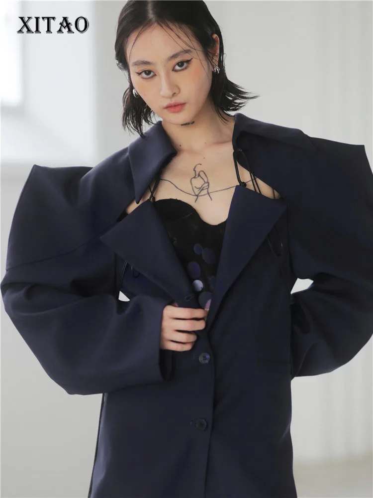 

XITAO Black Fashion Blazer Full Sleeve Deconstructed Cutout Straps At Right-angle Shoulders Minority Pleated Coat WMD5464
