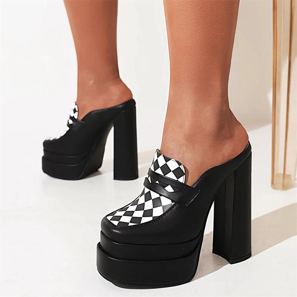 

Women Shoes Summer 2022 Ladies Chunky Platform High Heels Luxury Plaid Black Outdoors Fashion Party Slippers