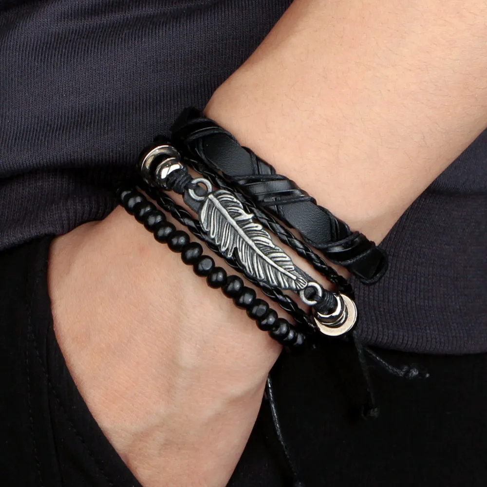 

4Pcs/ Set Braided Wrap Leather Bracelets for Men Vintage Life Tree Rudder Charm Wood Beads Ethnic Tribal Wristband Rope Bracelet