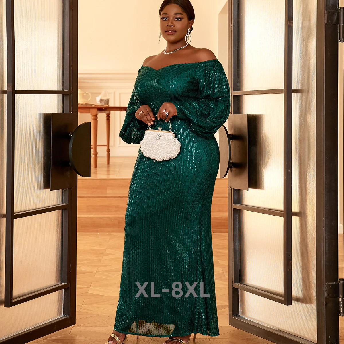 

Plus Size Sequin Woman Dress Off Shoulder Chic Elegant Club Outfit Casual Lady Luxury Long Gown Evening Party Dress 2xl 3xl 4xl