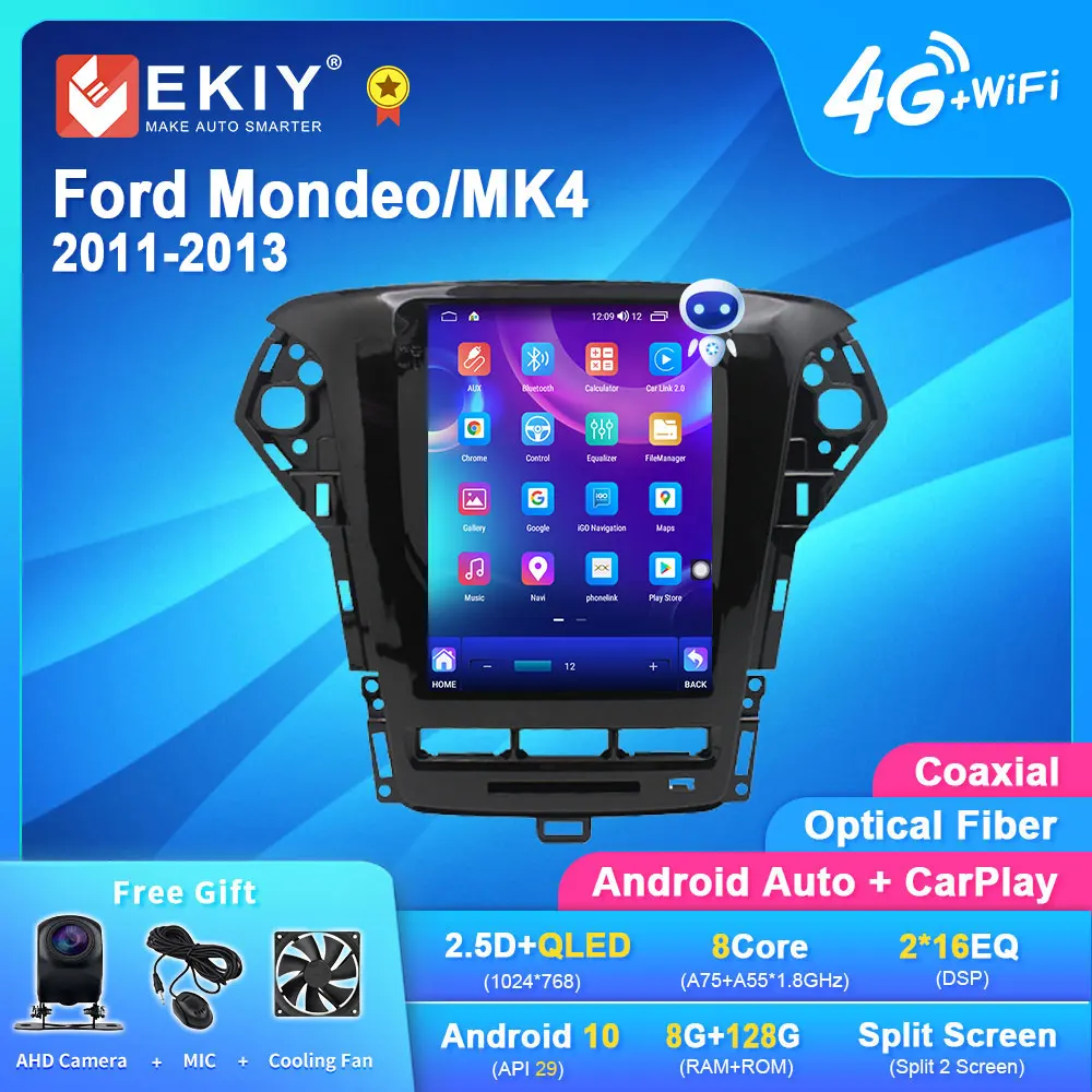 EKIY TT7 For Tesla Style Android 10 Car For Ford Mondeo mk4 Galaxy A/C 2007-2010 Car Player GPS Display Screen Monitor Carplay