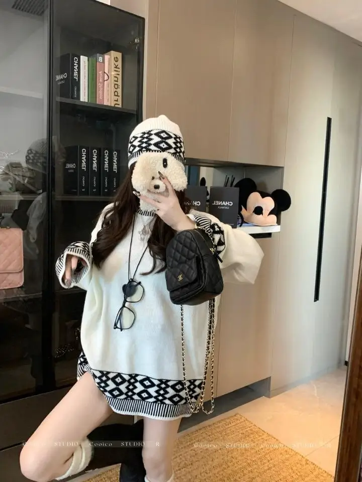 Gaganight Женский жаккардовый Свободный Повседневный свитер контрастных цветов с